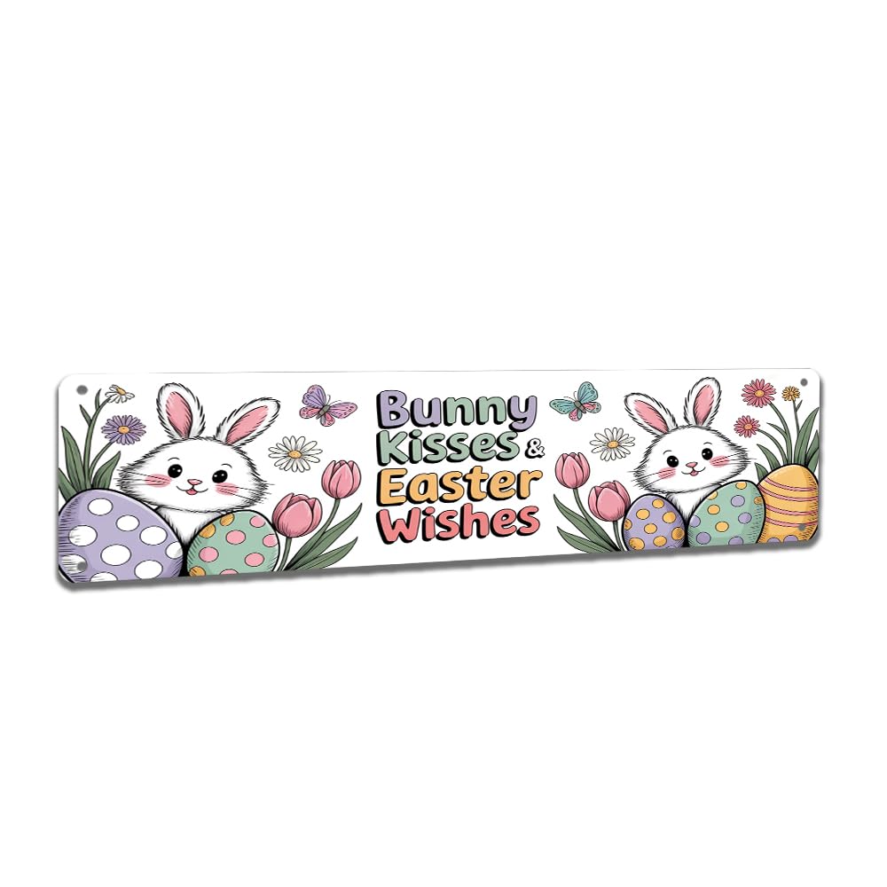Peiyeety A007 Bunny Kisses & Easter Wishes Vintage Metal Tin Sign, 4X16 Inch Rustic Easter Themed Wall Decor, Retro Sign For Home, Porch, Waterproof Tin Sign, Durable Wall Art