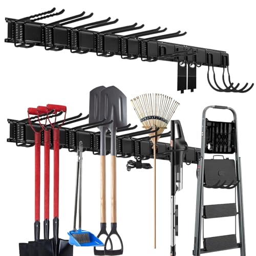 Tasofac Organizador de herramientas de jardín para garaje, soporte de pared, hierro negro de 64 pulgadas, incluye 4 paneles con 12 ganchos, para palas, rastrillos, azadas, recortadoras, almacenamiento