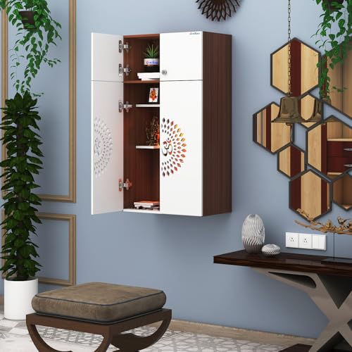 Image of Anikaa OMYA Engineered Wood Home Temple Wall Mount & Floor Standing Wooden Modern Pooja Mandir with LED Light, Om Laser Cut Design | Storage Cabinet with Hinge Doors (Walnut /White, DIY Installation)