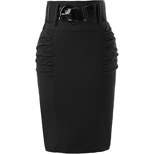 Belle Poque Women Pencil Skirt High Waisted Midi Pencil Skirt with Belt
