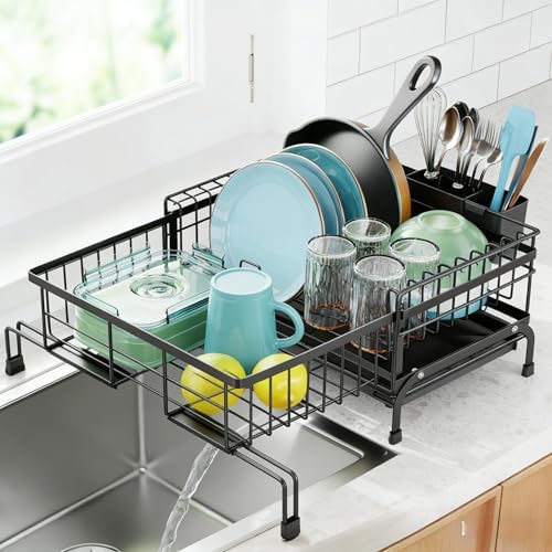 GSlife Expandable Dish Drying Rack - Small 2-in-1 Dish Racks for Kitchen Counter and Sink, Compact Dish Rack with 2 Pan Slot & High Raised Edges for RV and Apartment, 18.7