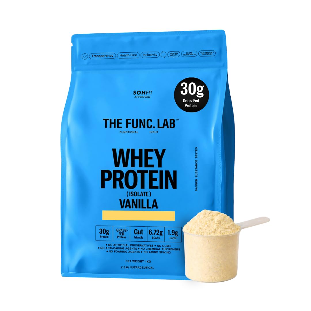 The Func. Lab Whey Protein Isolate - Vanilla Flavour | 1 kg | Grass‑Fed, 30g Protein, 6.72g BCAA per Scoop | High Protein Supplement for Muscle Growth, Digestion and Absorption Support