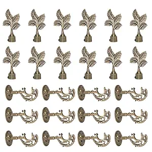 RKOING Leaf Shaped Aluminium Curtain Bracket with Support 1 Inch Rod Decorative Antique Finish Curtain Support for Window Rod Support Fittings (Pack of 12, Antique)