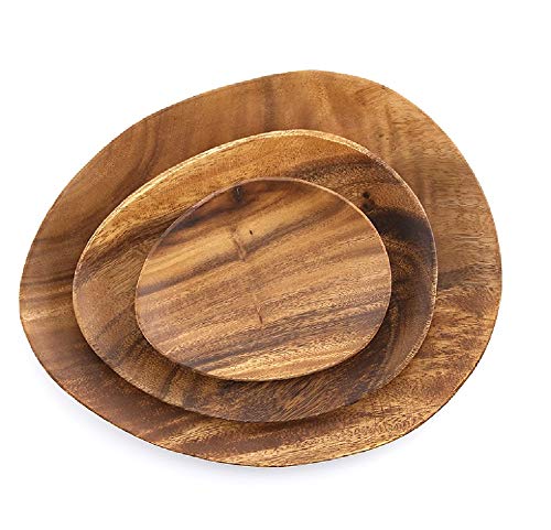 Set of 3 Acacia Wood Pebble Plates 6”9”12” | Wooden Tray for Charger Plate, Decorative Plates