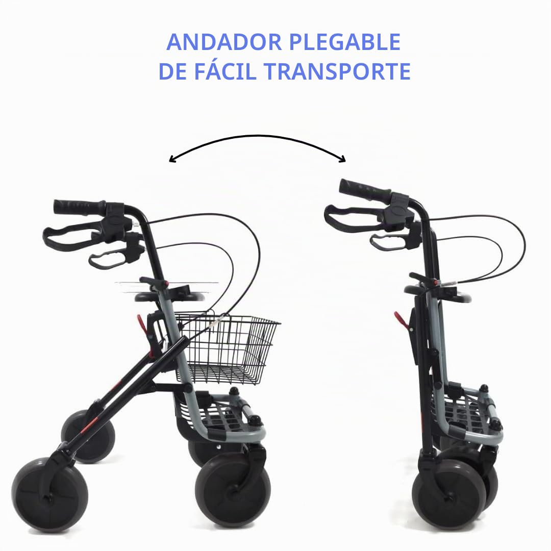 Andador andador para ancianos y discapacitados plegable y ajustable con 4 ruedas, rodillo con frenos de estacionamiento, asiento y cesta para exteriores e interiores, aluminio
