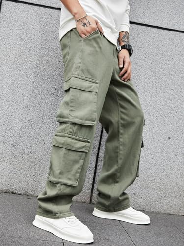 Image of Men's 8 Pocket Cargo Pants | Premium Cotton Twill Baggy Fit Trousers | Stretchable Casual Streetwear Cargos | Mid Rise
