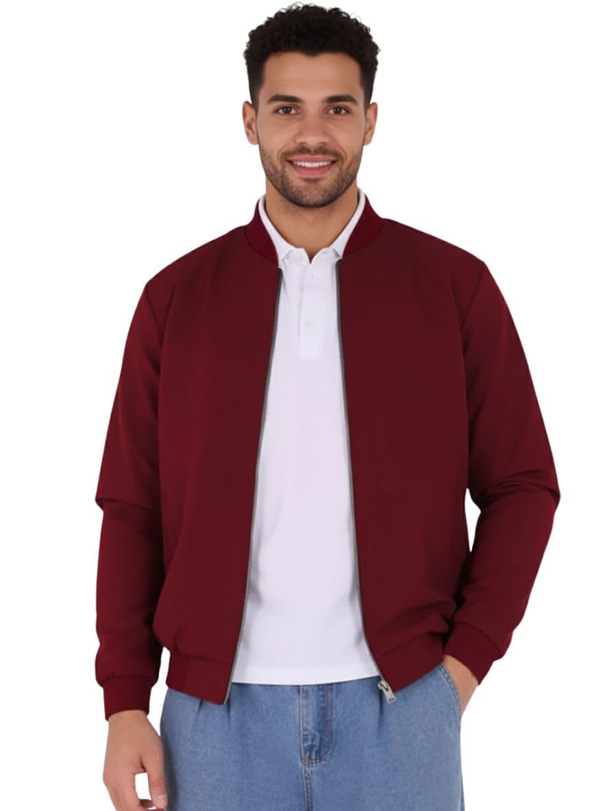 Men's Classic Bomber Jacket, Lightweight Zip-Up with Ribbed Cuffs & Collar Full Sleeve Stylish Streetwear Jacket for All Seasons (Colour: Maroon)-image-45