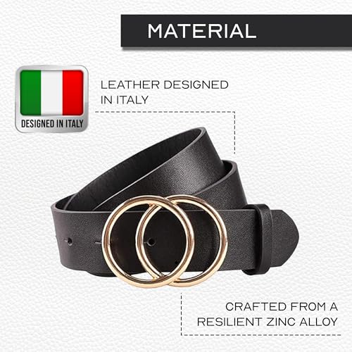 Fashion Leather Belt For Women - Design in Italy Double Buckle Belt Leather(M), Black3