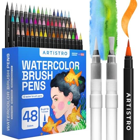 ARTISTRO Watercolor Brush Pens, 48 Colors – Gift for Artists, Adults & Teens – Includes 2 Water Brush Pens – Unique Vivid Colors, Real Calligraphy Pens – Ideal for Illustrations & Watercolor Effects Cover