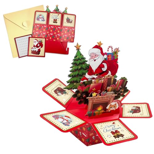 Mihauuke クリスマスカード 3D ポップアップ | サンタ フェスティブ グリーティングカード,六角形 クリスマスデコレーション 封筒付き 付箋紙 デスク飾り ホリデーディナーテーブル ウェディング ホームパーティー