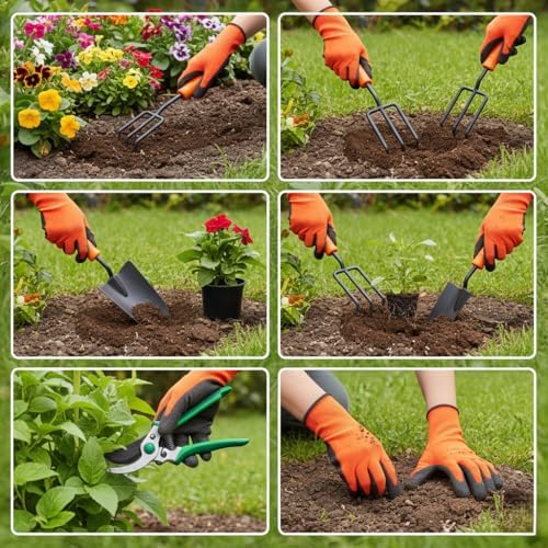 Image of Tools, 7Pcs Gardening Tools Kit for Home Garden - (Cultivator, Fork, Trowels, Weeder, Gloves, Pruner Cutter), Lightweight, Portable, Durable Gardening Items for Indoor and Outdoor Use