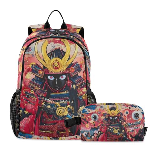 Abstract Samurai Backpack Lunch Bag Set for Travel Hiking Picnic, Backpacks with Insulated Lunch Box