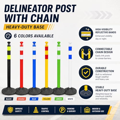 Image of 6 Pack Traffic Delineator Post Cones with Chain Stanchion, Black Crowd Control Safety Barrier Posts with Heavy Duty Base for Parking Lots, Warehouses and Construction Safety (Black)