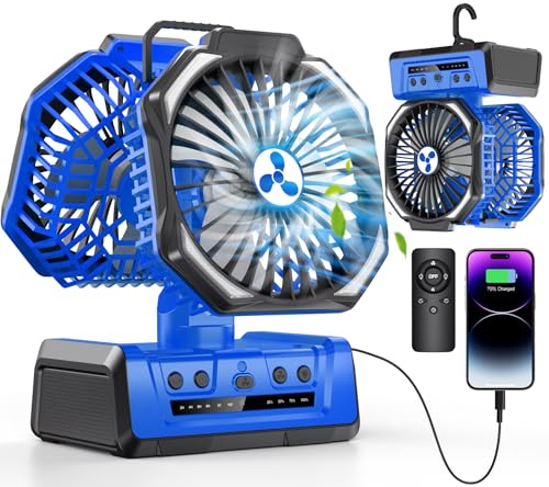 Dual Head Portable Rechargeable Fan 20000mAh Battery Powered Camping Fan Cordless with LED Lantern & Remote, Auto Oscillation, Hook, Battery Operated for Tent Office Travel Picnic Jobsite Orange
