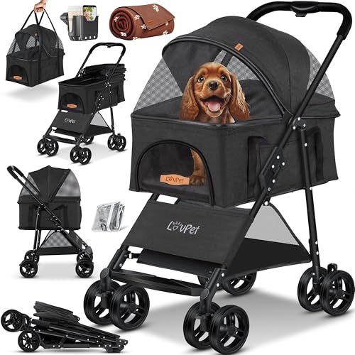 Lovpet Passeggino per cani 2 in 1, pieghevole, fino a 20 kg, con finestre a rete e copertura antipioggia, per cani di piccola taglia, colore: antracite