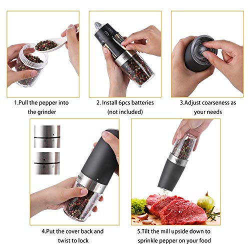 Electric Salt and Pepper Grinder Set Battery Powered Automatic Operated Pepper Grinder Gravity Salt and Pepper Mill Refillable with Light