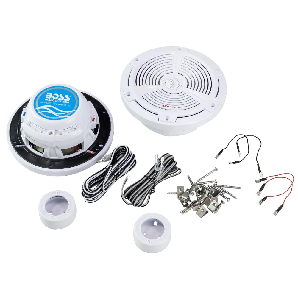 KIT SET PARA BOSS AUDIO SYSTEMS MR652C 2 altavoces coaxiales marinos Sistema de 2 vías 16,5 cm 6,5" de diámetro, 175 vatios rms 350 vatios max, 4 ohmios, 90 db, resistente al agua, barco, mar, por par
