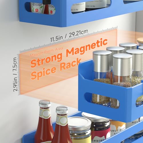 Image of 4-Pack Magnetic Spice Rack for Refrigerator with Hooks, Blue | Strong multipurpose magnetic shelf for kitchen & bathroom organization. Includes 4 removable hooks for hanging items.