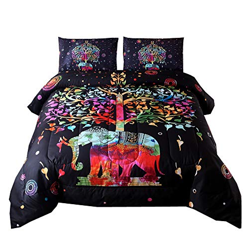 NTBED Bohemian Comforter Sets Queen 3-Piece Mandala Exotic Multi Elephant Pattern with Tree