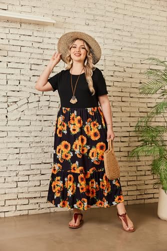 Image of IN'VOLAND Women Plus Size Short Sleeve Dress Loose Plain Casual Summer Flowy Tiered Long Maxi Dresses with Pockets