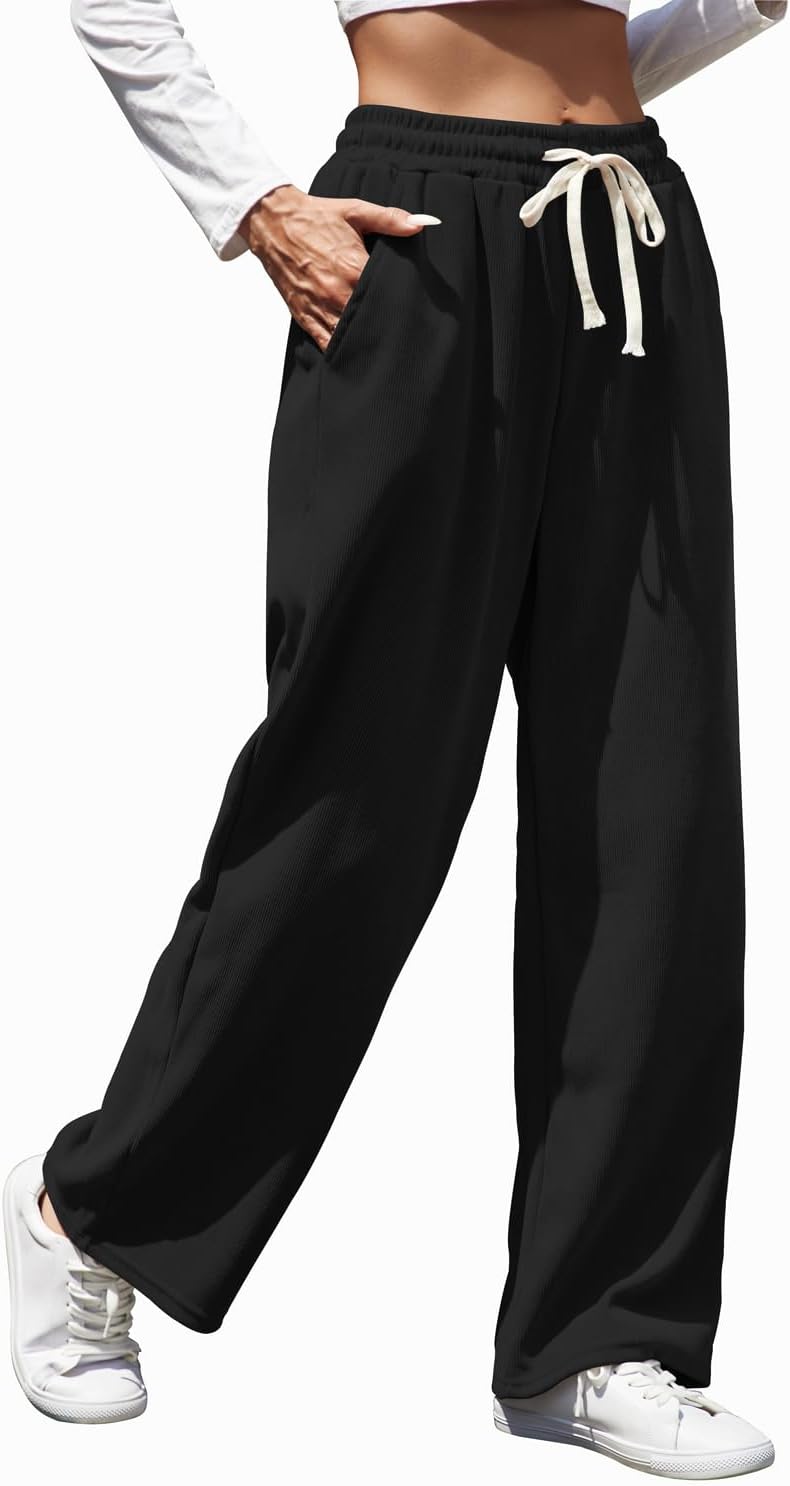 Womens Wide Leg Corduroy Pants Elastic Waisted Casual Sweatpants Adjustable Drawstring Warm Trousers with Pockets - Image 2