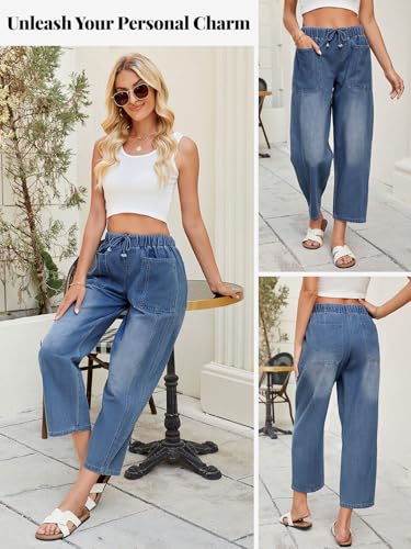 LONGBIDA Women's Wide Leg Baggy Jeans Elastic Low Rise Barrel Lightweight Casual Crop Denim Pants with Drawstring2