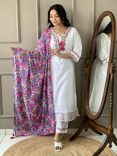 Image of Women's Kurta Set with Floral Print Dupatta, White and Purple