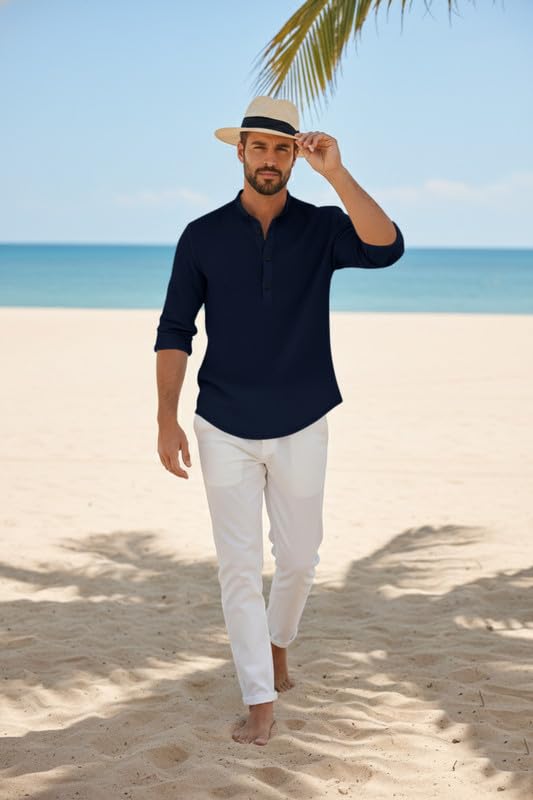 Image of Men's Cotton Blend Short Kurta with Collared Neck Full Sleeves Solid Pattern Western Style Regular Fit and Standard Length