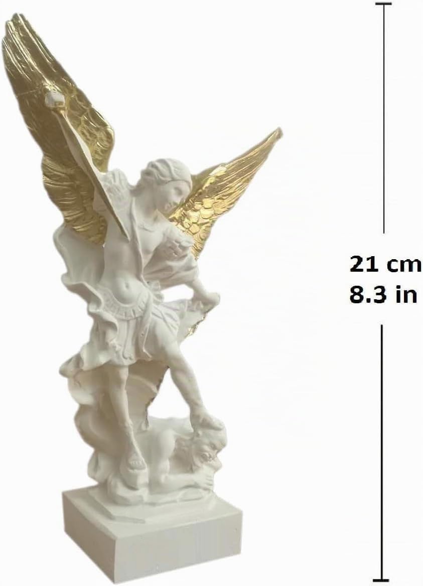 Eurofusioni Saint Michel Archange Statue - Figurine avec Couronne, épée et Ailes dorées peintes à la Main - H 21 cm