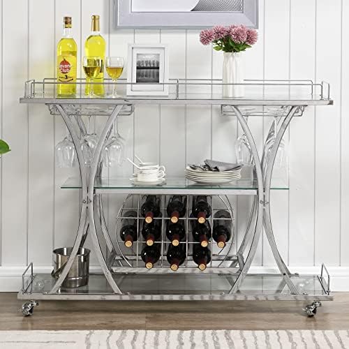 HOMYSHOPY Bar Serving Cart with Glass Holder and Wine Rack, 3-Tier Kitchen Trolley with Tempered Glass Shelves and Chrome-Finished Metal Frame, Mobile Wine Cart for Home (Silver)