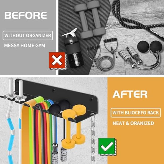 FizLig Gym Equipment Storage Rack - Multi-Purpose Home Gym Organization Storage Wall Mount for Resistance Bands, Jump Ropes, Lifting Belt, Chains, Barbells (16 / 8 Prongs)
