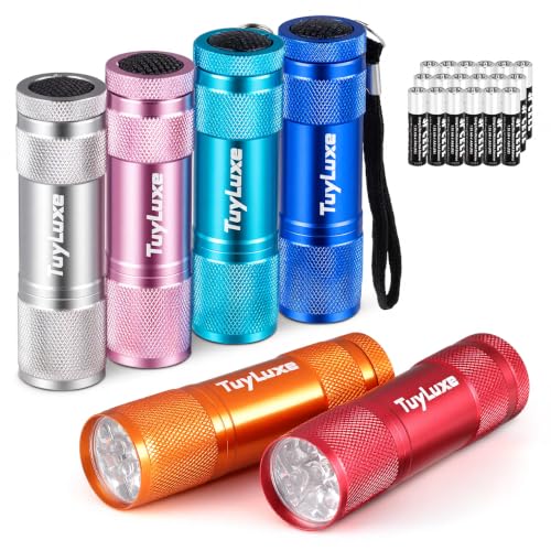 LED Mini Flashlights 6 Pack, 9-LED Small Flashlight with Lanyard, Assorted Color Aluminum Pocket Flashlight, AAA Battery Powered Handheld Lights for Kids, Camping, Home Emergencies, Night Reading - image 1