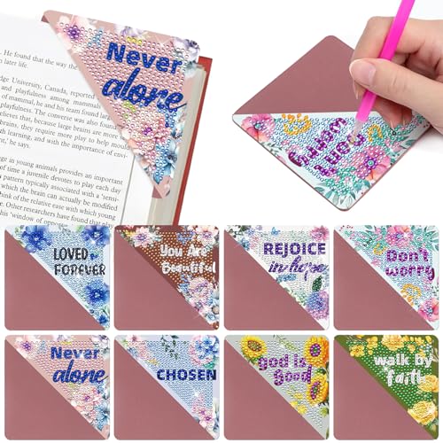 INCOK Christian Diamond Painting Bookmarks - 8 Pcs Bible Verse Triangle Diamond Art Corner Bookmarks Kits Inspirational Flower Religious DIY Bookmarks for Reading Lover Beginner Adults Crafts Kit Gift