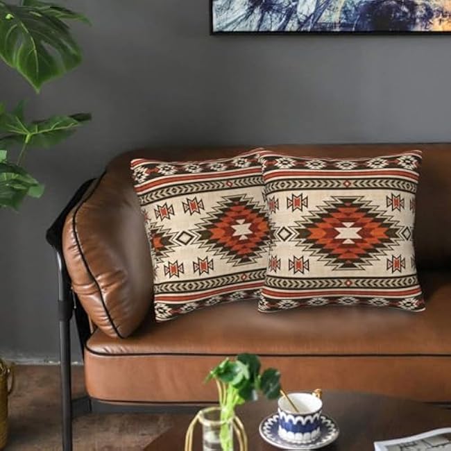 Western Aztec Burnt Orange Throw Pillow Covers 16x16 Set of 2, Native American Brown Square Pillowcase Decoration Cushion Case for Couch Sofa Bedroom Living Room Outdoor Decor