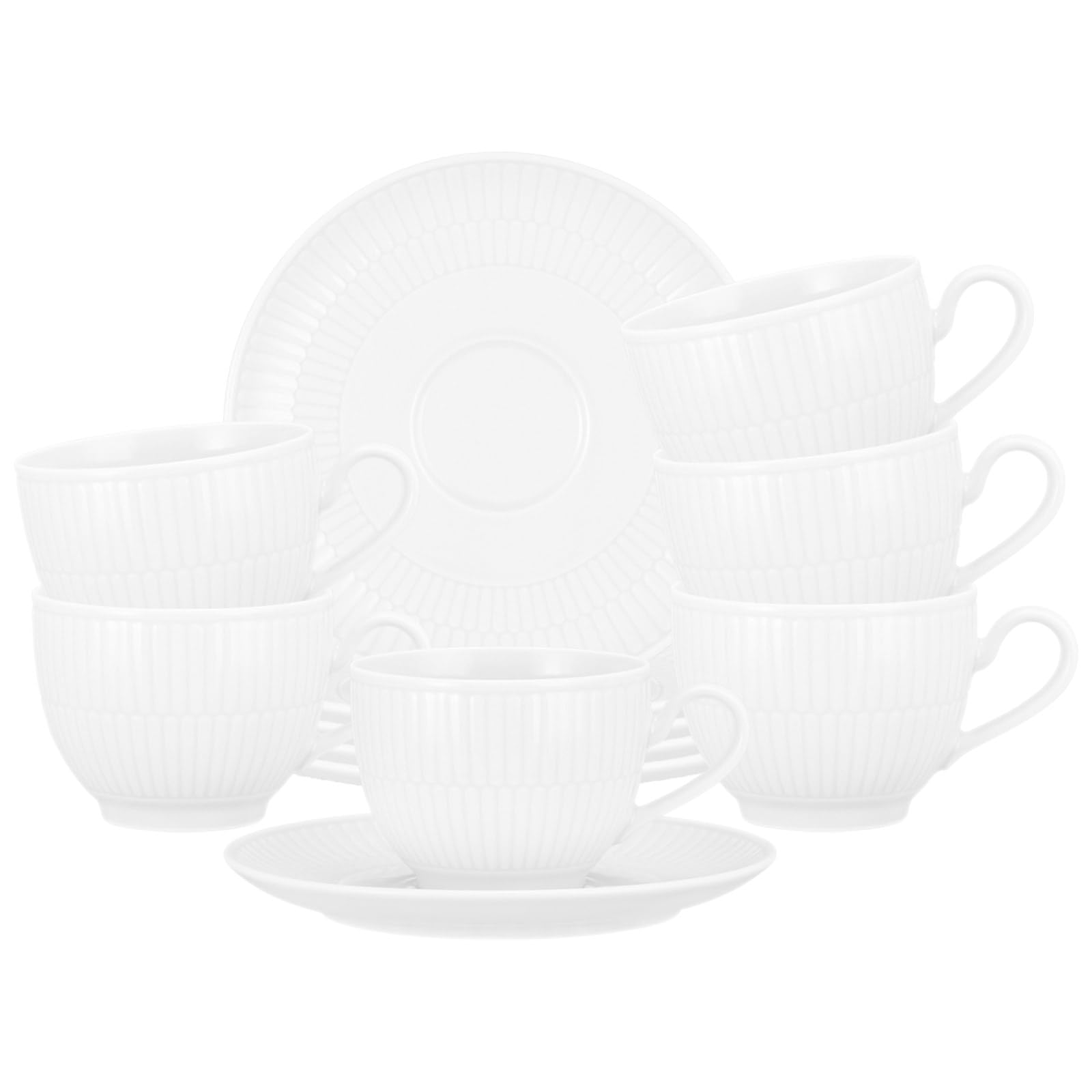 Seltmann Weiden Amina Weiß Kaffeetassen mit Untertassen 6er Set, 250 ml, Kaffee-Set für 6 Personen mit dezentem Relief-Muster, Spülmaschinen- und Mikrowellenfest, Porzellan, Weiß