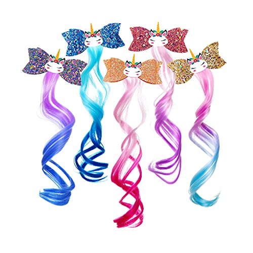 5-Colors Hair Bows Clips for Girls Unicorn Hair Accessories For Kids Glitter Braided Curly Gradient Color Wig Hair Extension For Princess Dress Upï¼ˆ5PCS)