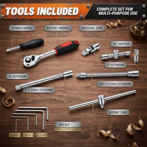 Image of 46PCS Small Drive Socket Ratchet Wrench Screwdriver Set, 1 /4 Inch Metric Socket and Ratchet Wrench Set with Extension Bar, Upgrade Compact Tool Set for Car