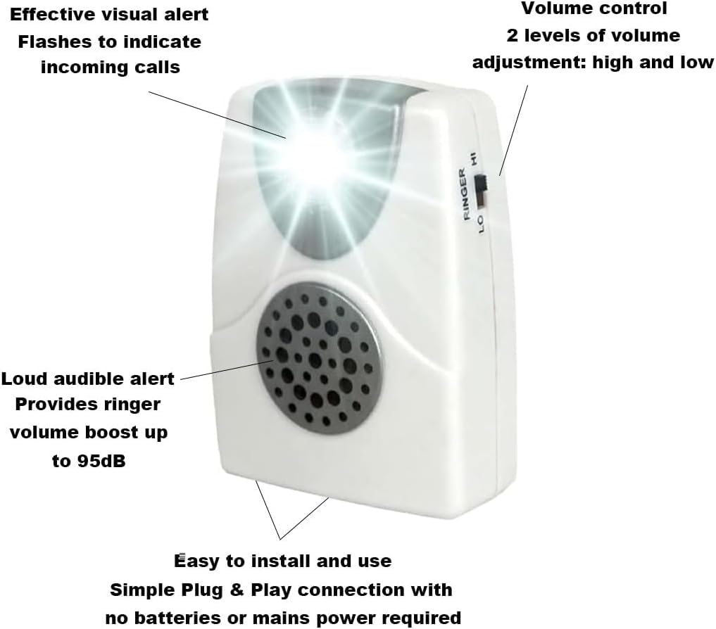 VOCA Amplificador de Timbre de teléfono, Aumenta hasta 105 dB con notificación de luz LED para teléfonos fijos, Montaje en Pared, Ideal para entornos ruidosos y con Problemas auditivos
