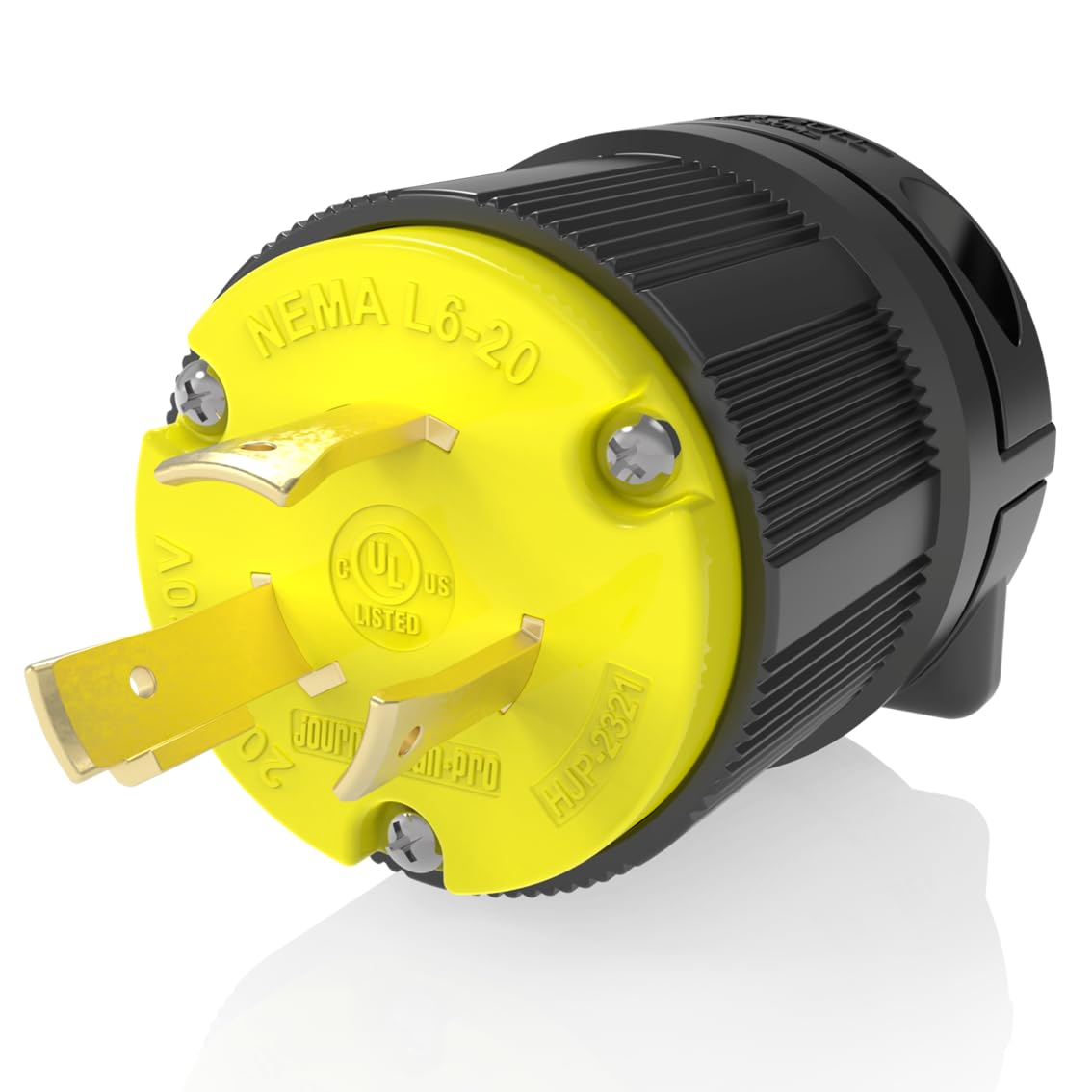 Journeyman-Pro NEMA L6-20P 20 Amp, 250 Volt, 2P, 3W, Locking Male Plug Connector, HJP-2321 Black Yellow Industrial Grade, Grounding 5000 Watts Generator (L6-20P Male Plug)