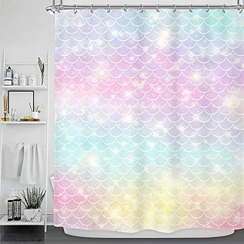 Riyidecor Mermaid Scales Shower Curtain 60Wx72H Inch Omrbre Ocean Under The Sea Pink and Blue Girl Home Colorful Bathroom Decor Fabric Polyester Waterproof 12 Pack Hooks Cover