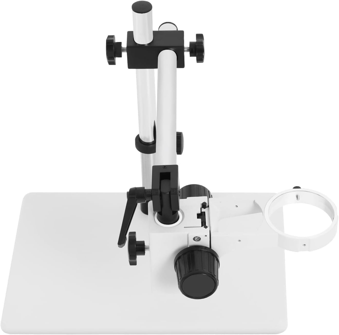 Supporto girevole per microscopio con base robusta e staffa di messa a fuoco, diametro interno di 76 mm, ideale per laboratori e officine.