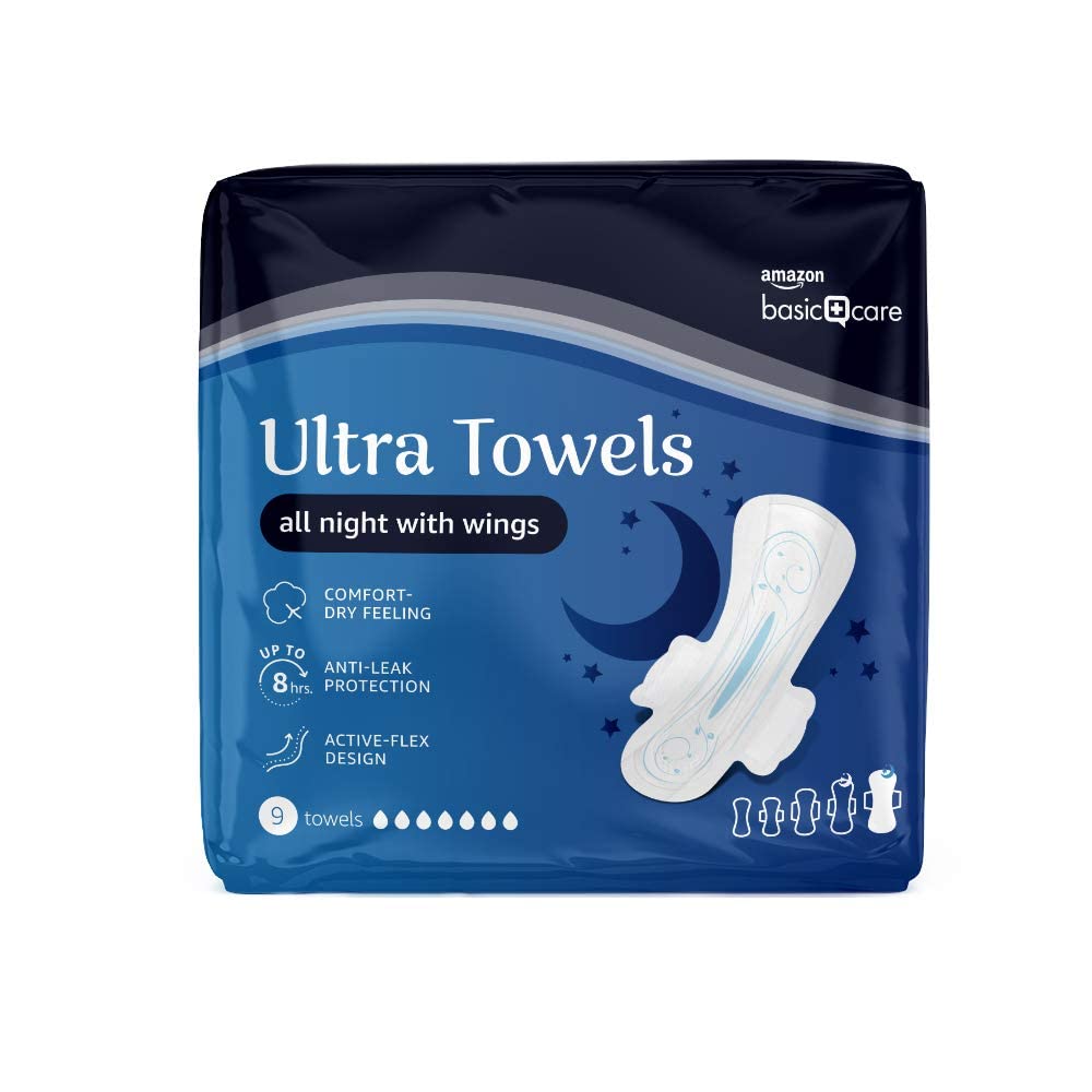 Amazon Basic Care Ultra Towels All Night with Wings, 12 packs of 9 (108 Total)
