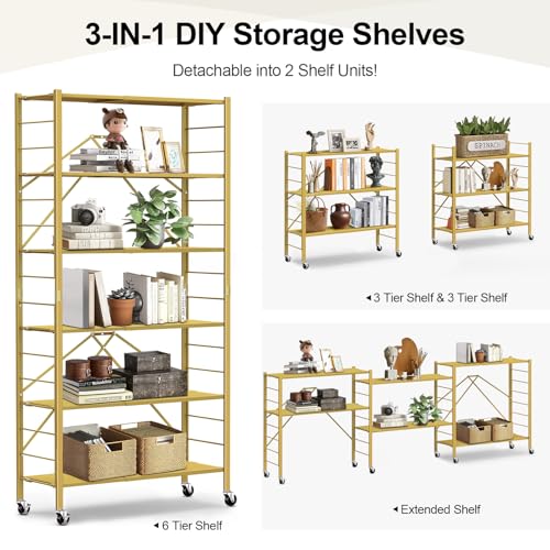 Image of Himix 6-Tier Foldable Storage Shelves Expandable Shelf Wheels Gold 2-in-1 | Folding shelving units, Metal collapsible organization, Changeable into 2 shelf units, Bookshelf, Garage, Holds 3600 Ibs