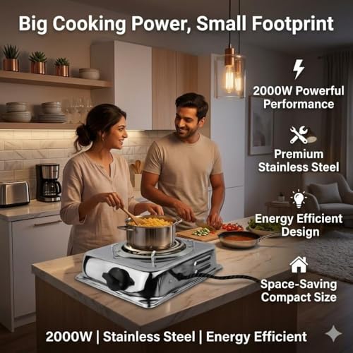 Image of Drumstone LIMITED 1 Year Warranty 2000W Jumbo Stainless Steel Electric Hot Plate - Portable Single Burner Coil Stove with Adjustable Temperature Control for Home, Kitchen & Office Use