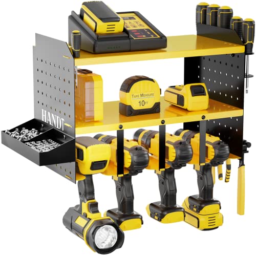 HANDT-Power-Tool-Organizer-Wall-Mount-Drill-Holder-Garage-Storage-Rack-Pegboard-Screwdriver-Holder-with-Magnet-Bar-Organization-Bin-Cordless-Drill-Battery-Charging-Station-Utility-Shelf-Yellow