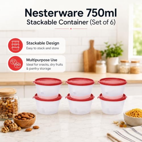 Image of Cutting EDGE Nesterware 750ml Stackable Food Container (Set of 6, Red) | BPA-free plastic, stackable design, leak-proof, kitchen storage, pantry, fridge, meal prep, reusable, travel use