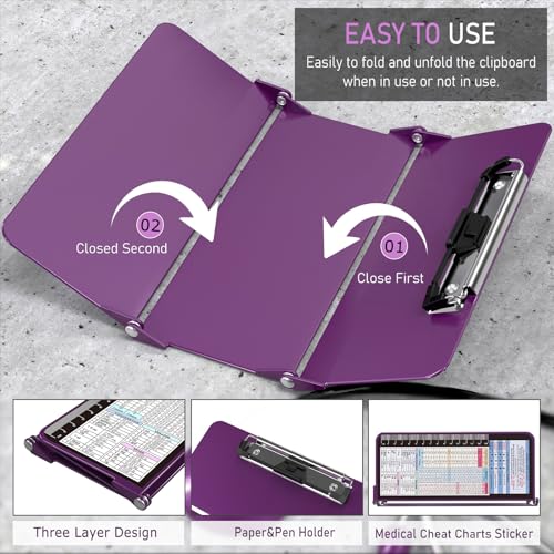 Image of Nursing Clipboard Foldable w /Nursing Edition Cheat Charts, 3 Layers Aluminum, Nurse Board w /Low Profile Clip&Pen Clip Pocket Blank for Nurses, Doctors, Dark Purple