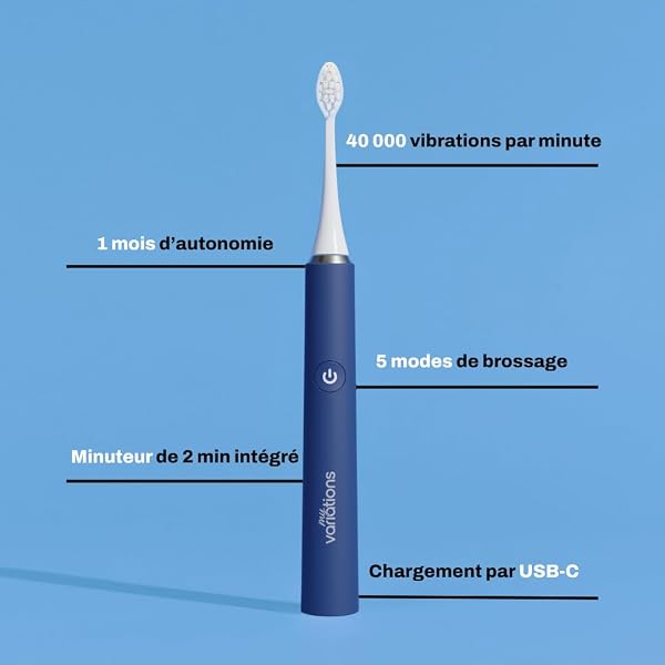 My Variations ® - Brosse à Dents Électrique - Technologie Sonique - 1 Mois d'Autonomie - 5 Modes de Brossage - Minuteur de 2 Min Intégré - Recommandé par les Dentistes - Chargement USB-C - Bleue Nuit - 3