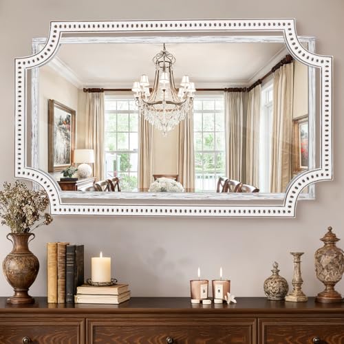 HOITUZYUS 40x30 Inch Traditional Handcrafted Wooden Mirror for Wall with Tempered Glass, Rustic Farmhouse Decorative Mirror for Bathroom, Living Room & Entryway - Horizontal or Vertical Hanging