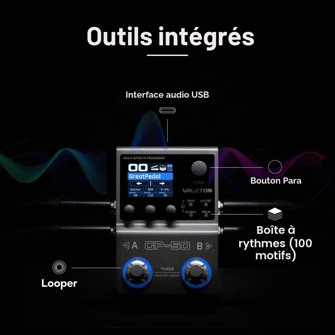 Pédale processeur multi-effets pour guitare Valeton GP-50 SnapTone avec modèle d'ampli neuronal, chargeur IR, interface audio USB, boîte à rythmes, boucle, Bluetooth, plus de 100 effets
